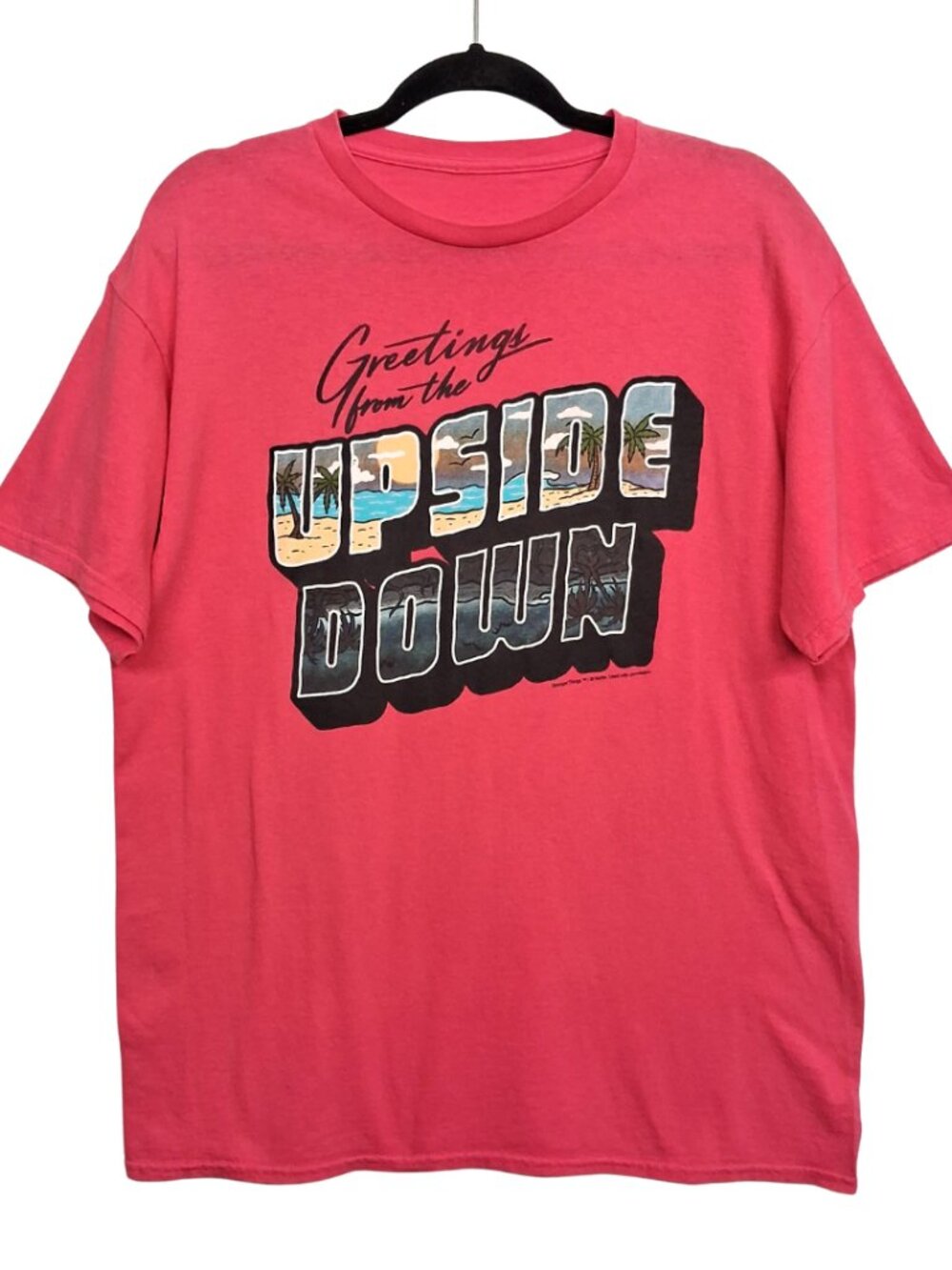 STRANGER THINGS Upside Down Graphic T Shirt Short Sleeve Pink XLarge